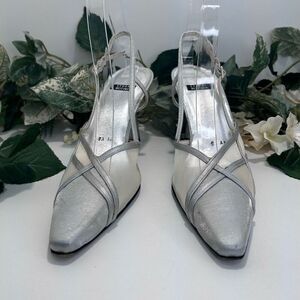 Stuart Weitzman Lame Dressy Pumps Size 8.5 Silver Matte Slingback Mesh Detail